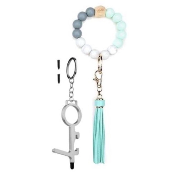 Set Of 2 Silicone Key Ring Bracelet Beaded Bangle Wristlet Keychain Teal - Picture 1 of 10